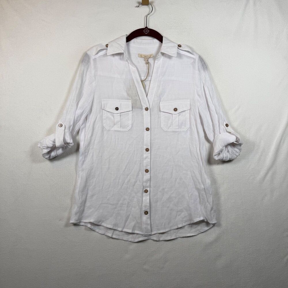 Nectar White Button Front Roll Tab Sleeve Blouse Top Women Size 7 NWT Lightweigh